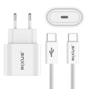 Rixus RXHC20C Fast Charger USB-C To USB-C Cable 1.8m 20W White