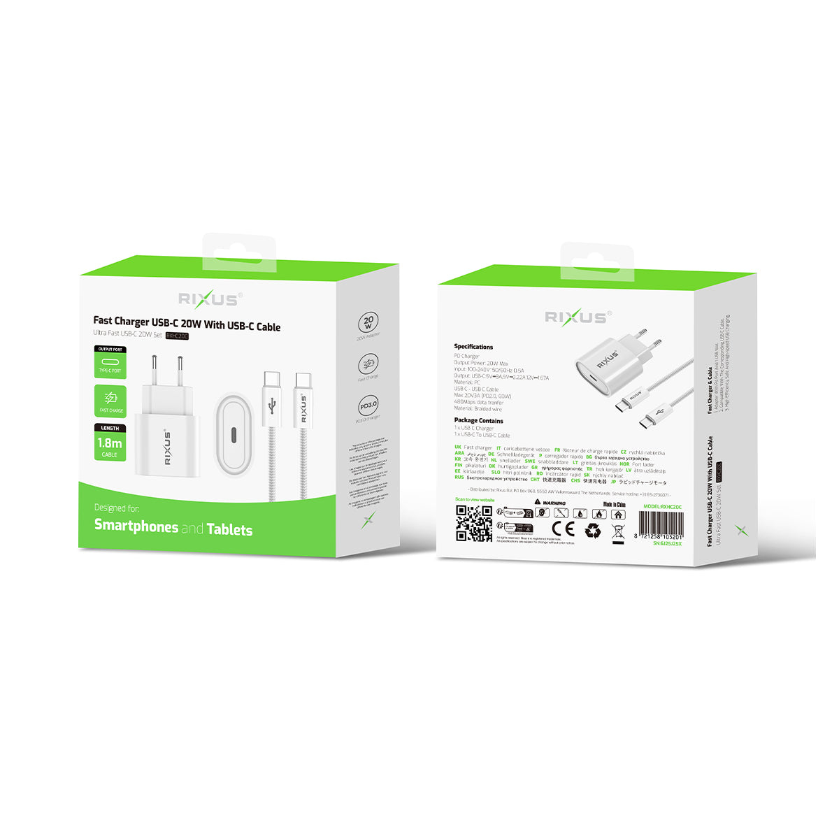 Rixus RXHC20C Fast Charger USB-C To USB-C Cable 1.8m 20W White