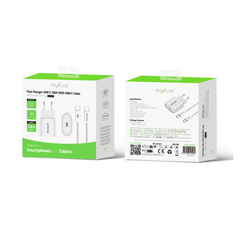 Rixus RXHC20C Fast Charger USB-C To USB-C Cable 180CM 20W White