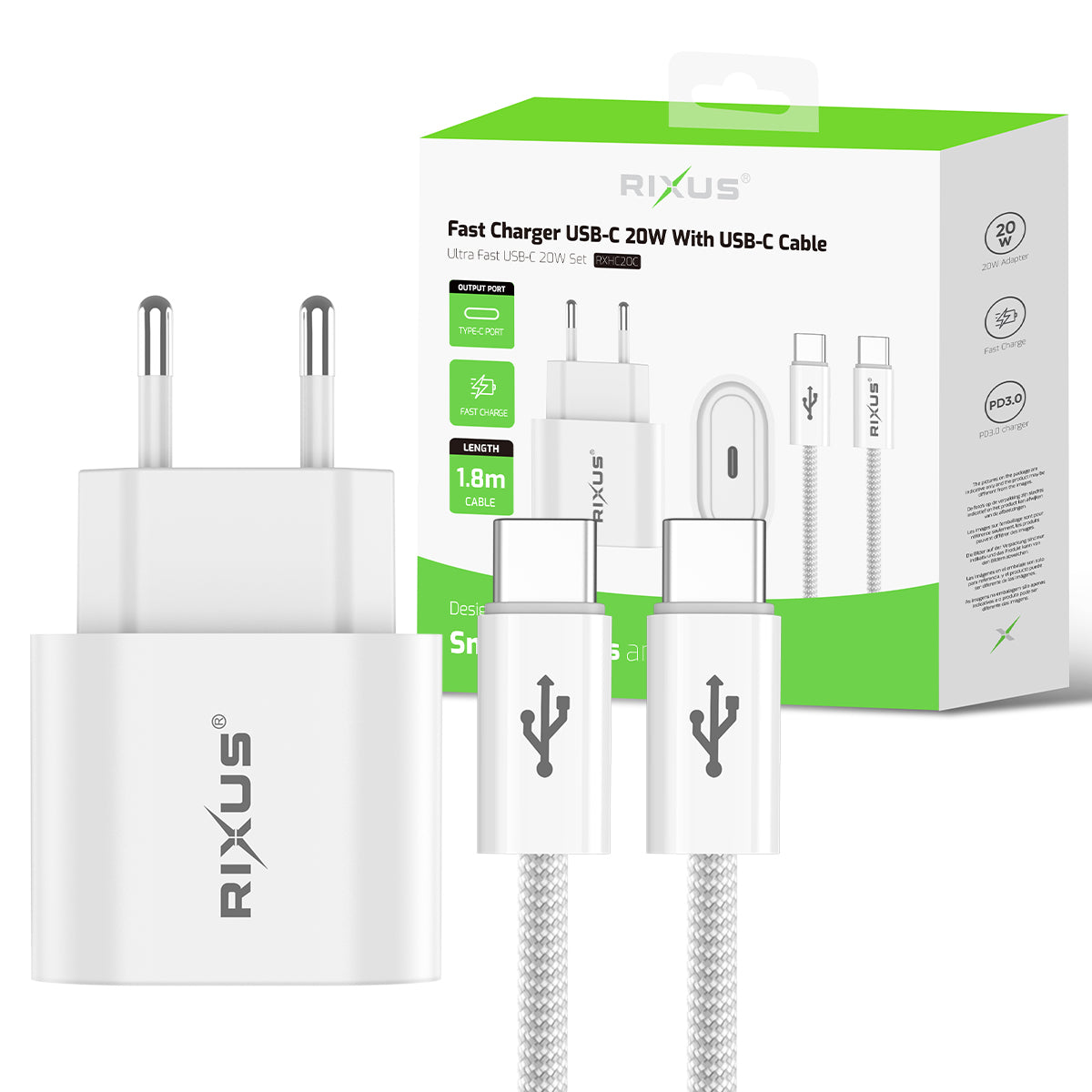 Rixus RXHC20C Fast Charger USB-C To USB-C Cable 1.8m 20W White