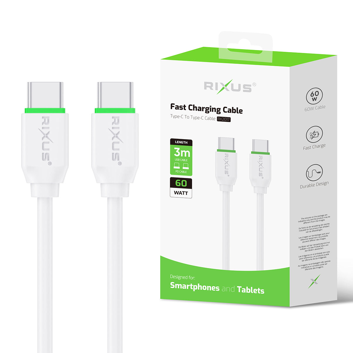 Rixus RX2017 Data Sync And Fast Charge Cable USB-C To USB-C 3m