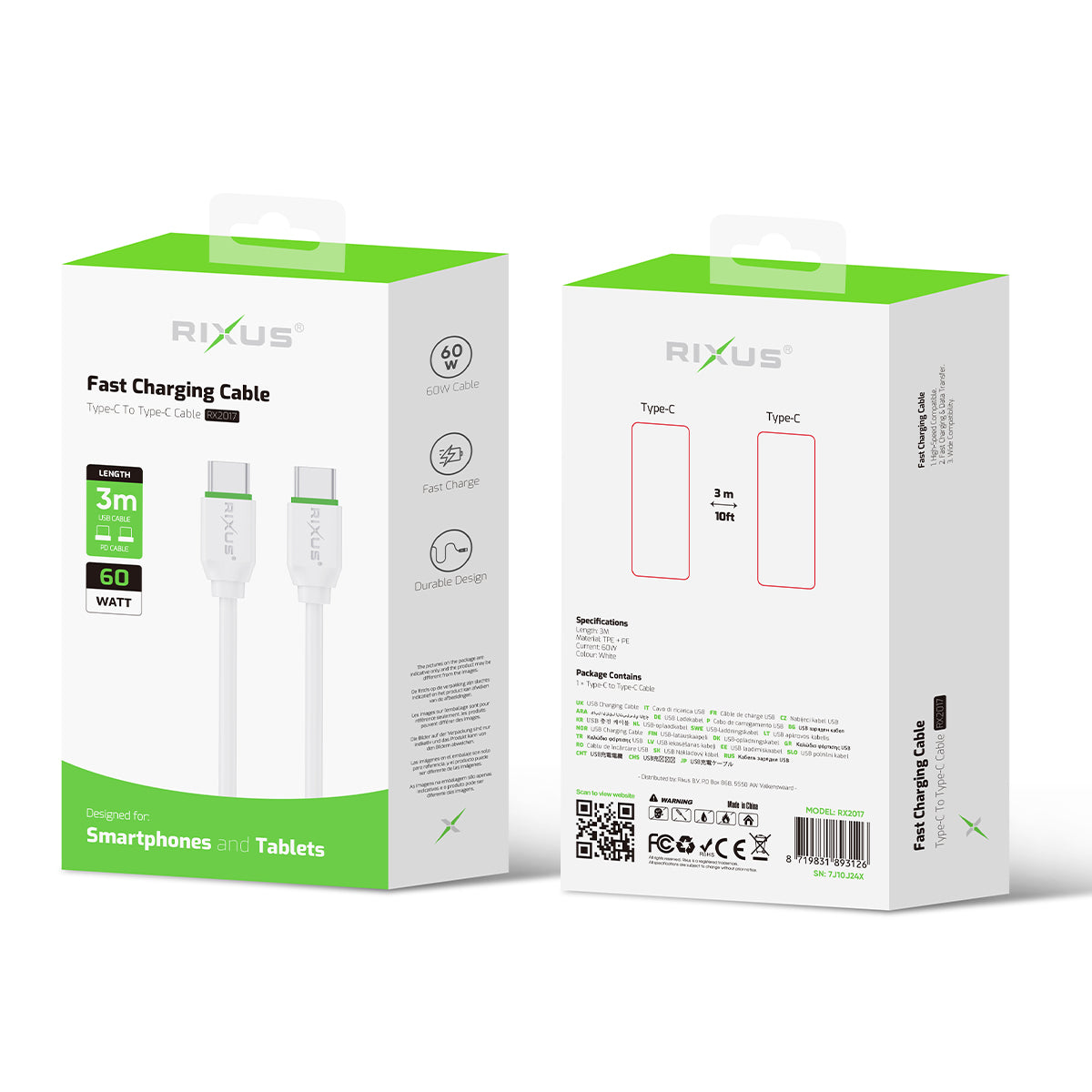 Rixus RX2017 Data Sync And Fast Charge Cable USB-C To USB-C 3m