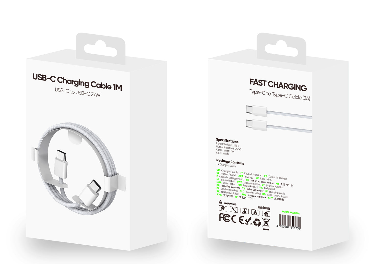 For Apple iPhone 15 Series USB-C To USB-C Fast Charging Cable US3001M 100cm White Retail Box