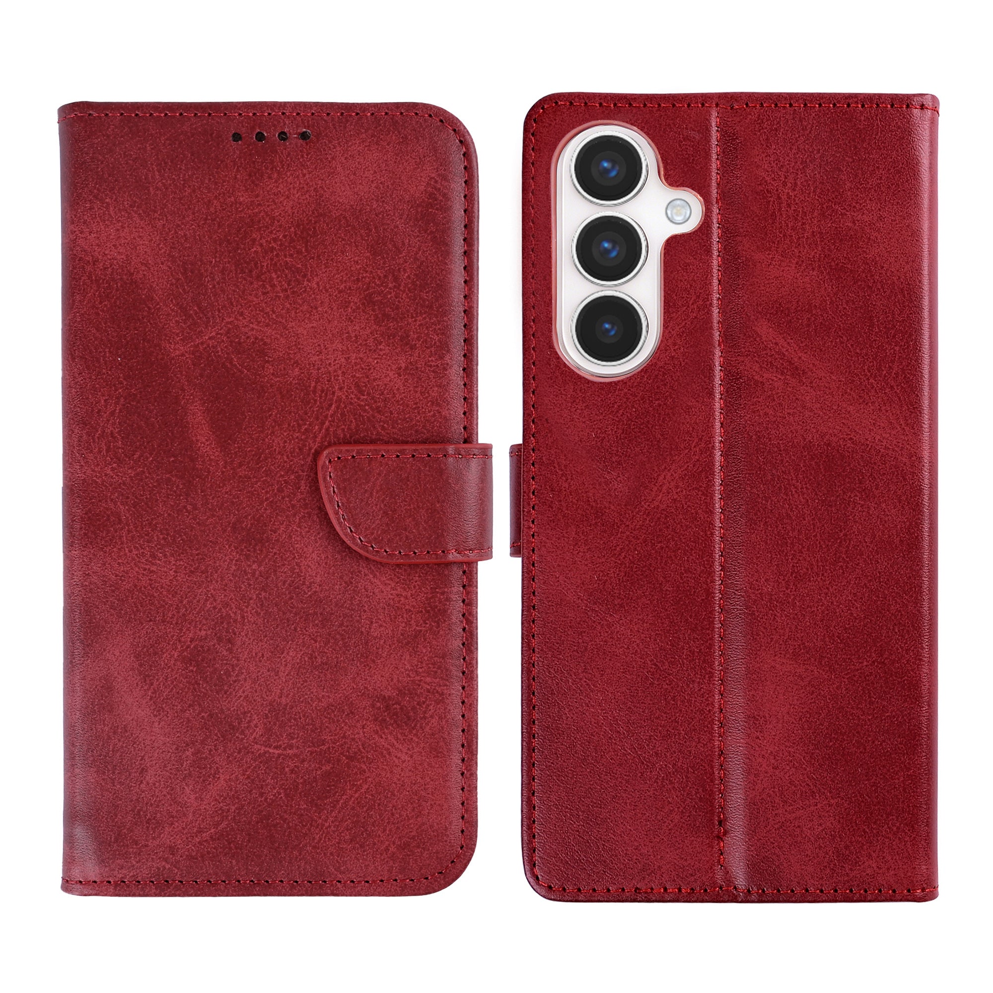 Rixus Bookcase For Samsung Galaxy S24, S25 Dark Red