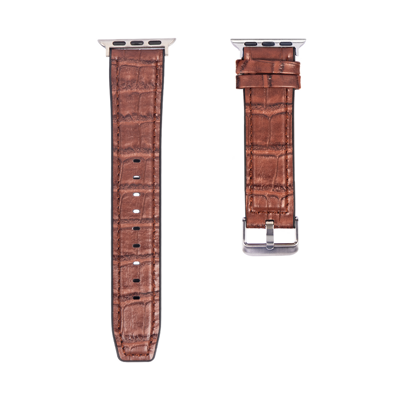 For Apple Watch 38mm, 40mm, 41mm Silicone and Leather Band Alligator Grain Dark Brown Retail Box