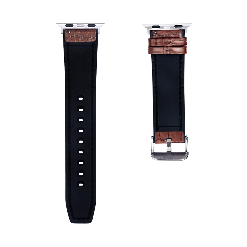 For Apple Watch 38mm, 40mm, 41mm Silicone and Leather Band Alligator Grain Dark Brown Retail Box