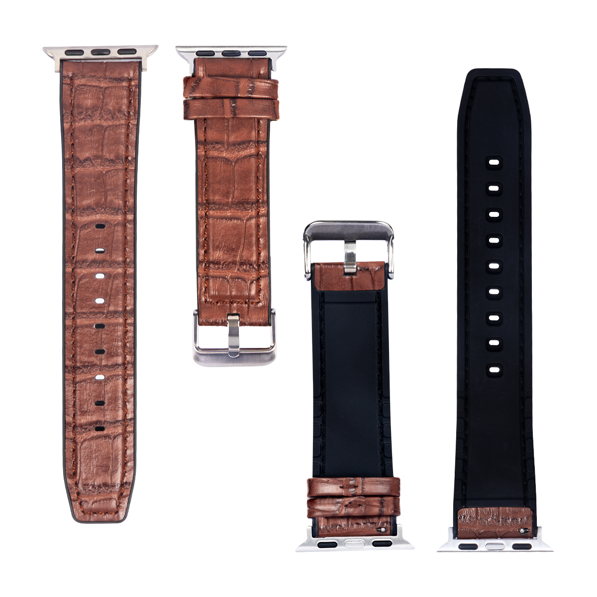 Silicone And Leather Band Alligator Grain For Apple Watch 38mm, 40mm, 41mm Dark Brown Retail Box