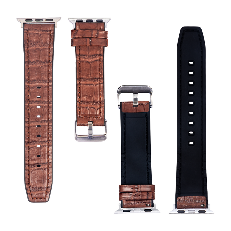 For Apple Watch 38mm, 40mm, 41mm Silicone and Leather Band Alligator Grain Dark Brown Retail Box