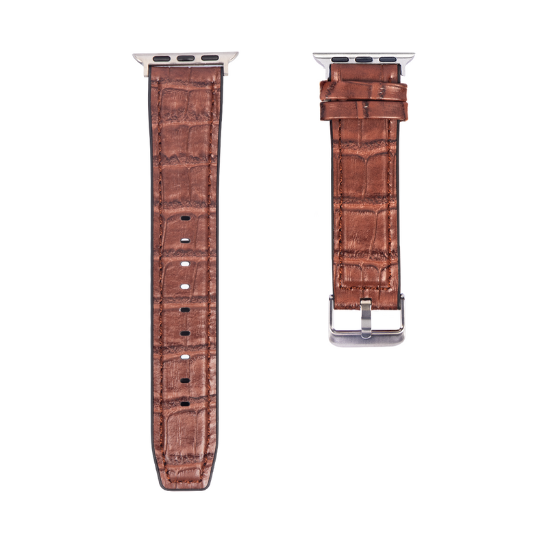 For Apple Watch 42mm, 44mm, 45mm, 49mm Silicone & Leather Band Alligator Grain Dark Brown Retail Box