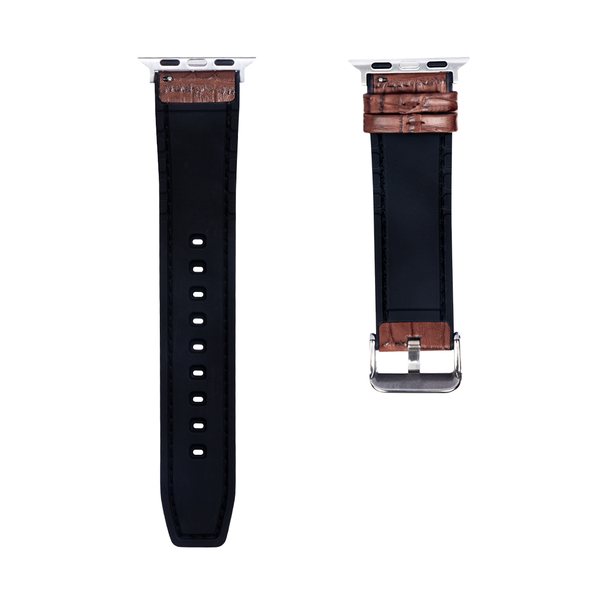 Silicone And Leather Band Alligator Grain For Apple Watch 42mm, 44mm, 45mm, 49mm Dark Brown Retail Box