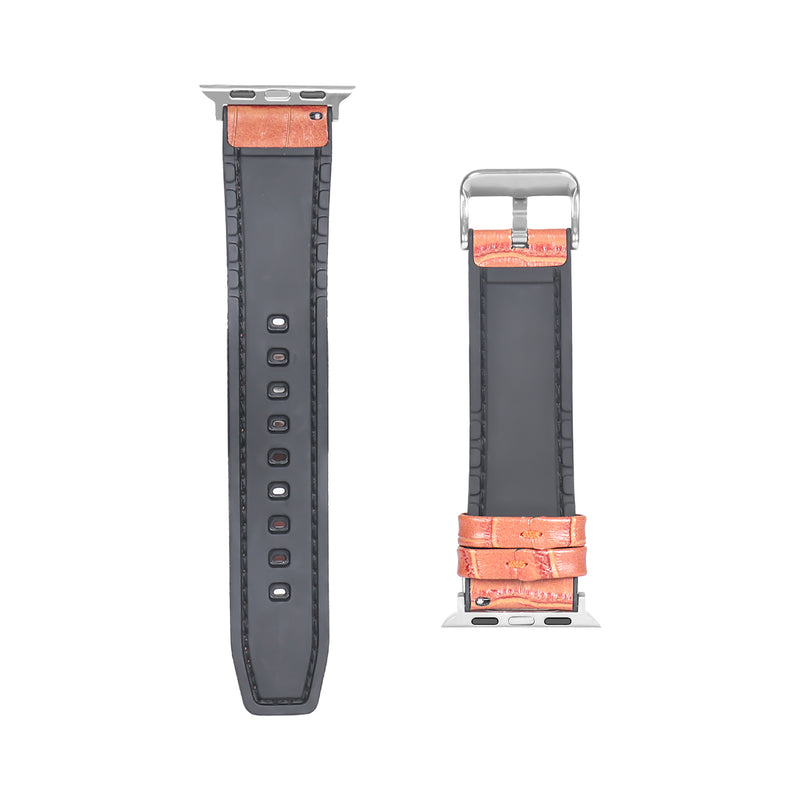 For Apple Watch 42mm, 44mm, 45mm, 49mmSilicone & Leather Band Alligator Grain Light Brown Retail Box