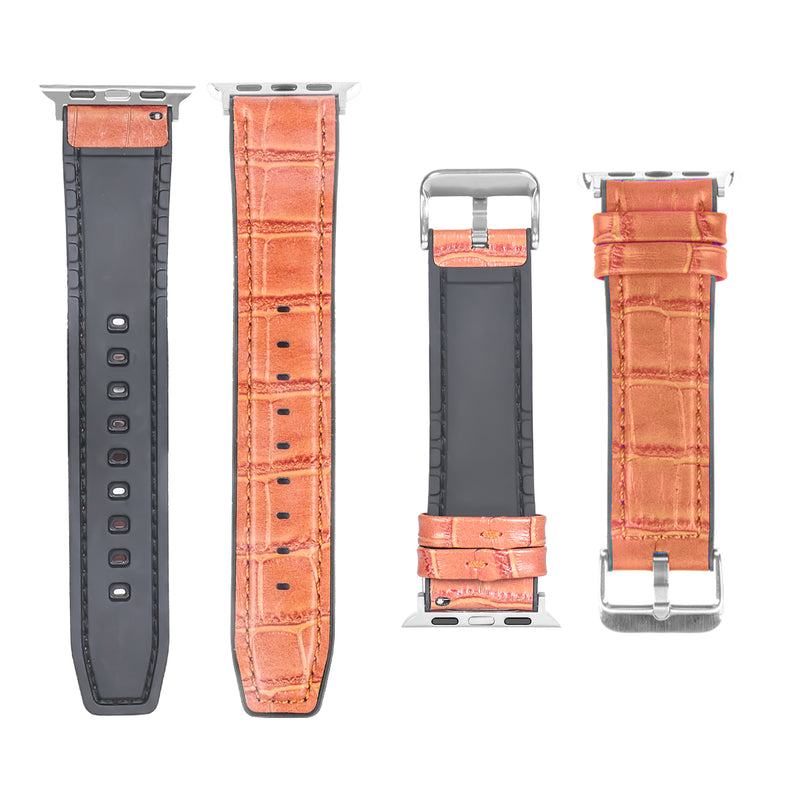 For Apple Watch 42mm, 44mm, 45mm, 49mmSilicone & Leather Band Alligator Grain Light Brown Retail Box