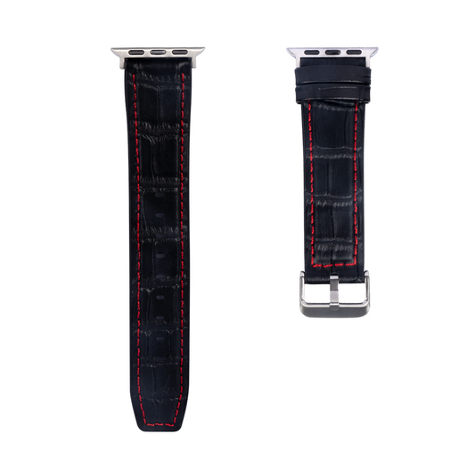 Silicone And Leather Band Alligator Grain For Apple Watch 38mm, 40mm, 41mm Black, Red Retail Box