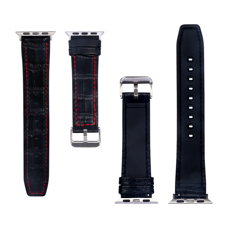 For Apple Watch 38mm, 40mm, 41mm Silicone and Leather Band Alligator Grain Black/Red Retail Box