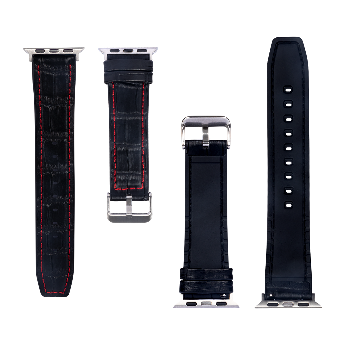 Silicone And Leather Band Alligator Grain For Apple Watch 42mm, 44mm, 45mm, 49mm Black, Red Retail Box