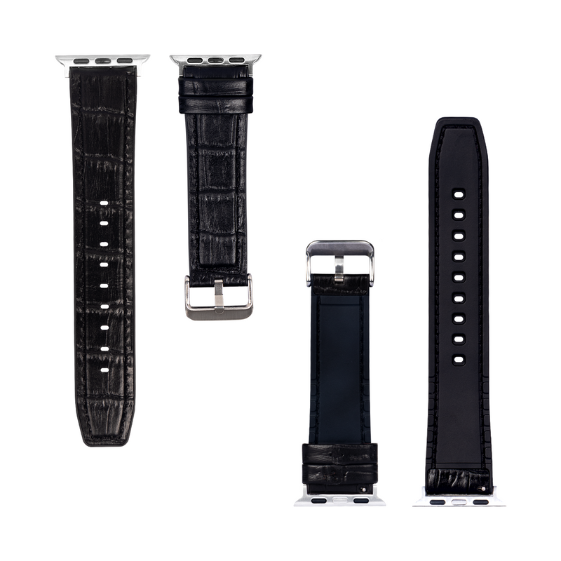 For Apple Watch 38mm, 40mm, 41mm Silicone and Leather Band Alligator Grain Black Retail Box