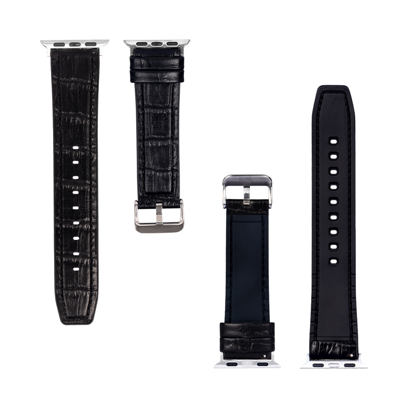For Apple Watch 42mm, 44mm, 45mm, 49mm Silicone and Leather Band Alligator Grain Black Retail Box