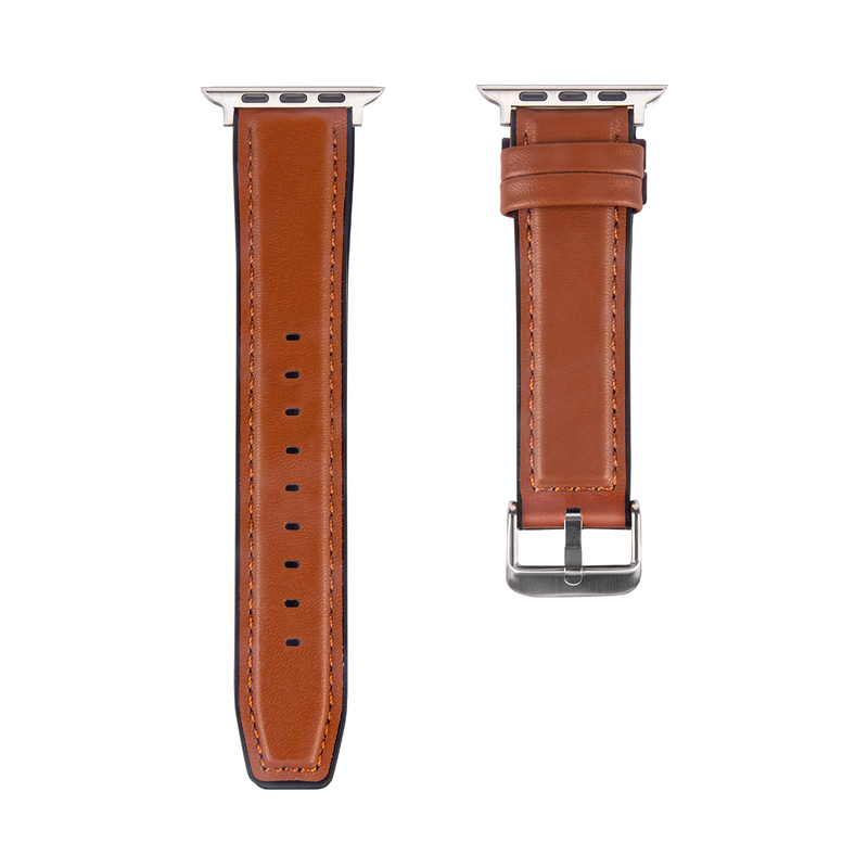 For Apple Watch 38mm, 40mm, 41mm Silicone and Leather Band Glossy Light Brown Retail Box
