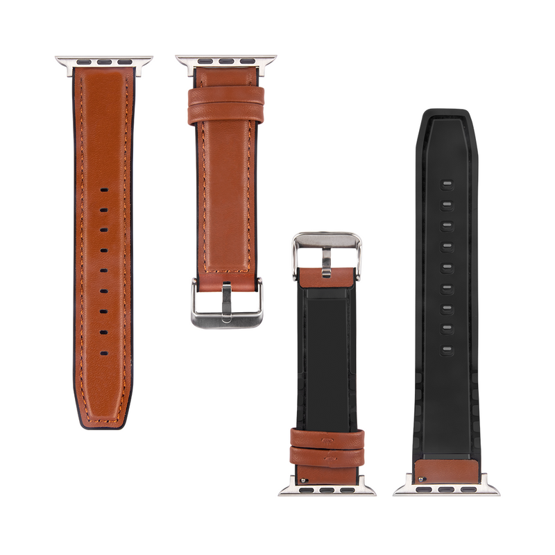 For Apple Watch 42mm, 44mm, 45mm, 49mm Silicone and Leather Band Glossy Light Brown Retail Box