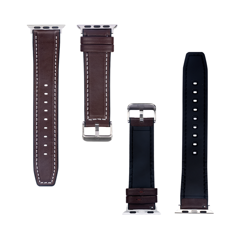 For Apple Watch 38mm, 40mm, 41mm Silicone and Leather Band Glossy Dark Brown Retail Box