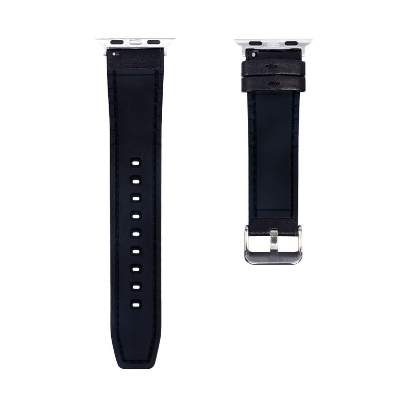 For Apple Watch 42mm, 44mm, 45mm, 49mm Silicone and Leather Band Glossy Black Retail Box