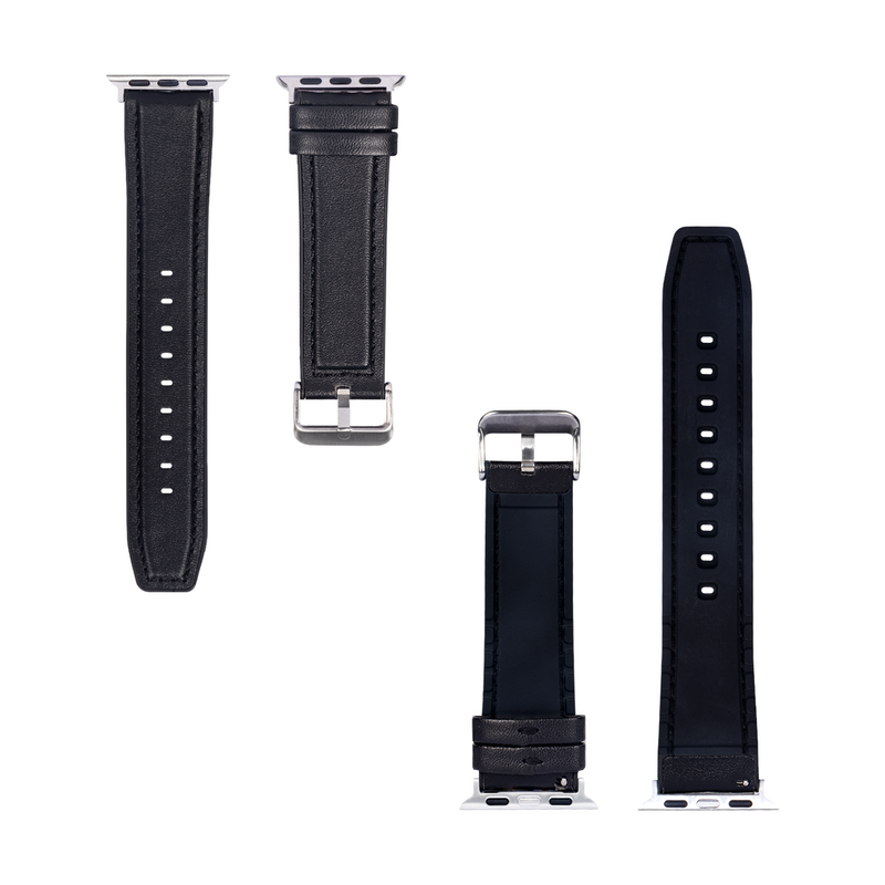 For Apple Watch 42mm, 44mm, 45mm, 49mm Silicone and Leather Band Glossy Black Retail Box