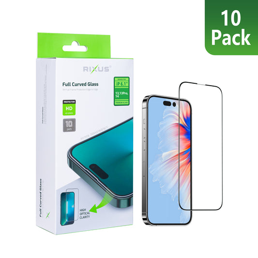Rixus Clear HD Full Curved Edge Tempered Glass For Apple iPhone 14, 13, 13 Pro, 16e, 17e (10-Pack)