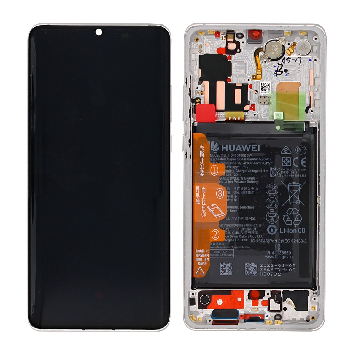 Huawei P30 Pro (2019), P30 Pro New Edition (2020) Display And Digitizer With Frame And Battery Silver Frost Service Pack