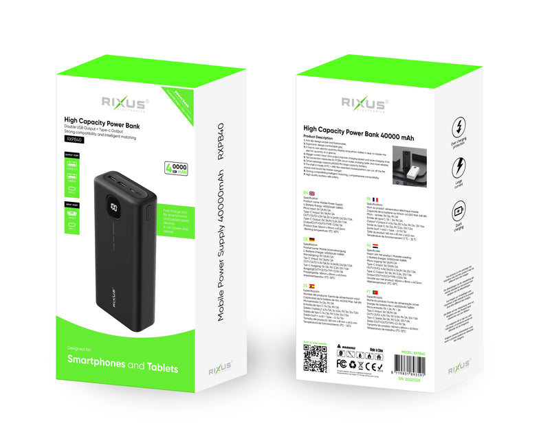 Rixus RXPB40 High Capacity Power Bank 40.000mAh Black