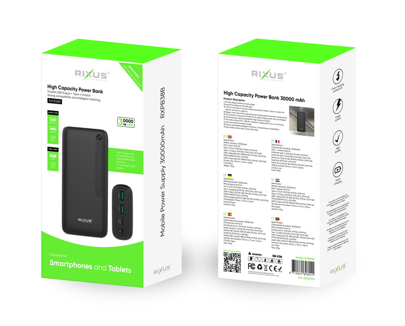 Rixus RXPB38B High Capacity Power Bank 30.000mAh Black