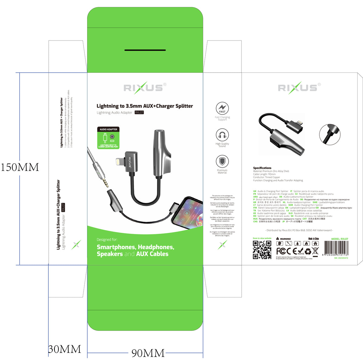 Rixus RXL07 Adapter Charge And Audio Cable For Lightning Connector