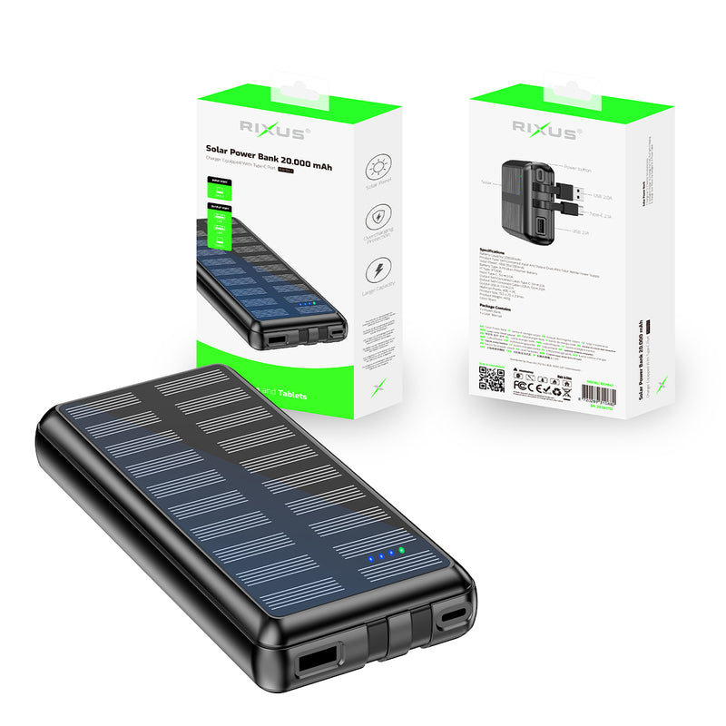 Rixus RXPB47 Solar Powerbank 20000 mAh With Built-in Cables Black