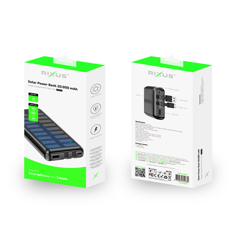 Rixus RXPB47 Solar Powerbank 20000 mAh With Built-in Cables Black