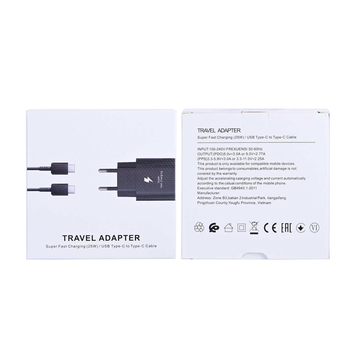 Fast Charger Travel Adapter With USB-C Cable 100cm 25W Black Retail Box