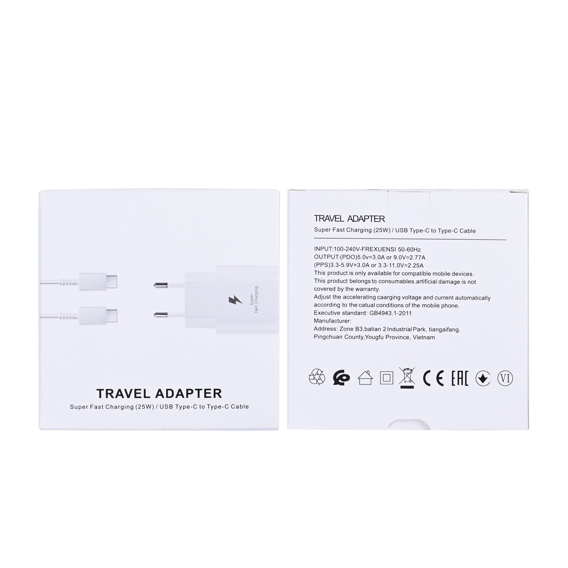Fast Charge Travel Adapter With USB-C Cable 100cm 25W White Retail Box