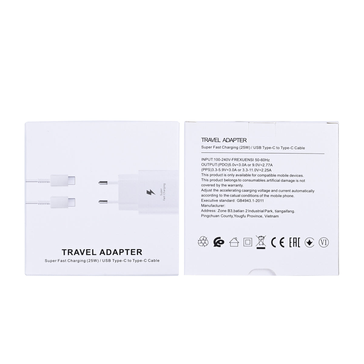Fast Charge Travel Adapter With USB-C Cable 100cm 25W White Retail Box