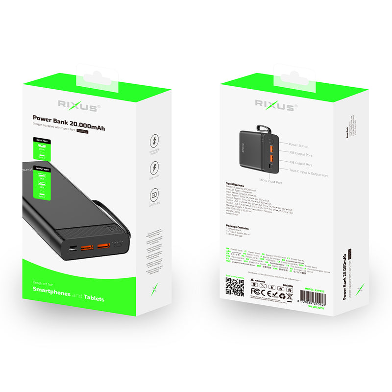 Rixus RXPB52 High Capicity Powerbank 10000 mAh 22.5W Black