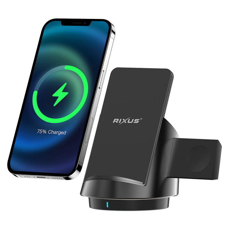 Rixus RXWC57 3 in 1 Wireless Fast Charger Stand Black