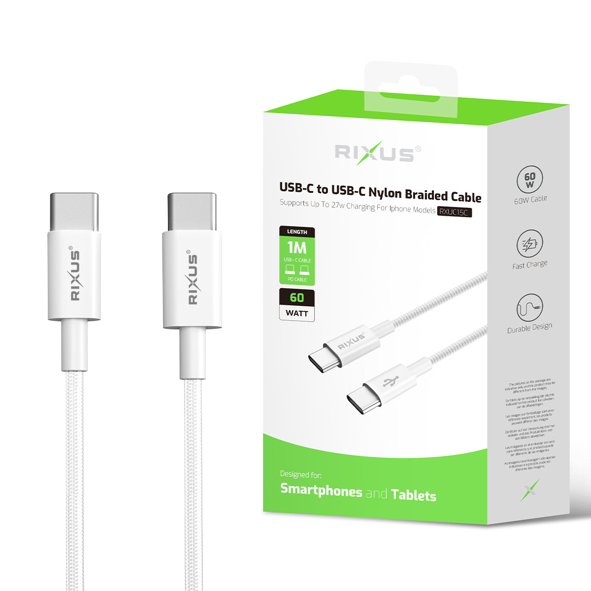 Rixus RXUC15C USB-C to USB-C Nylon Braided Cable 1m White