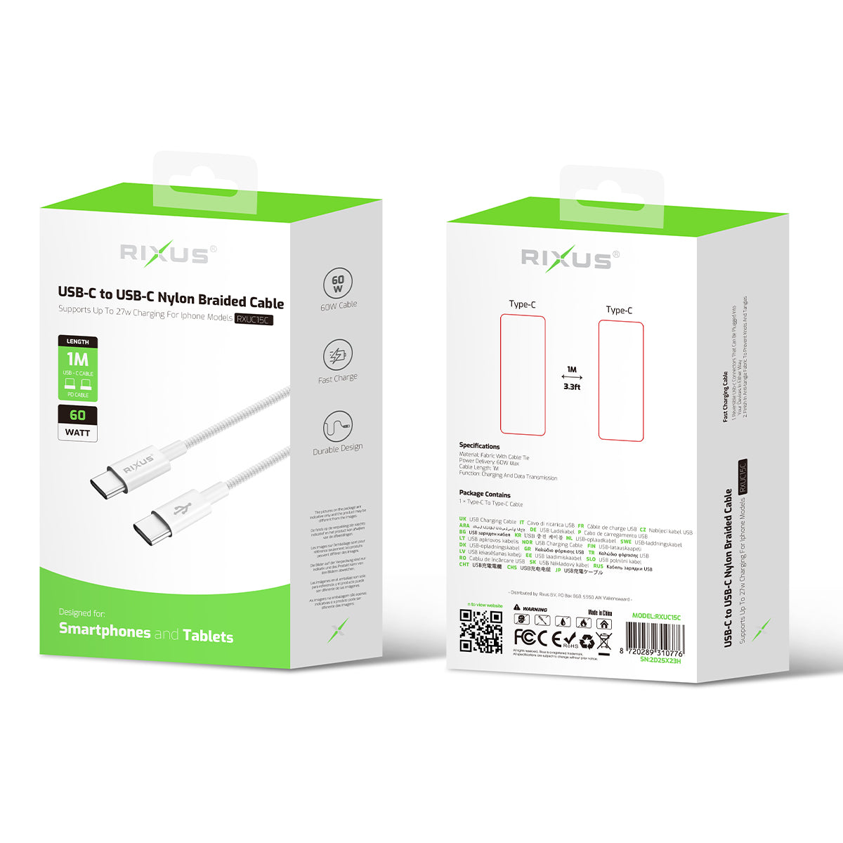 Rixus RXUC15C USB-C to USB-C Nylon Braided Cable 1m White