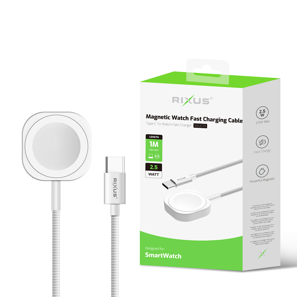Rixus RXUC19 Magnetic Watch Fast Charging Cable 1m White