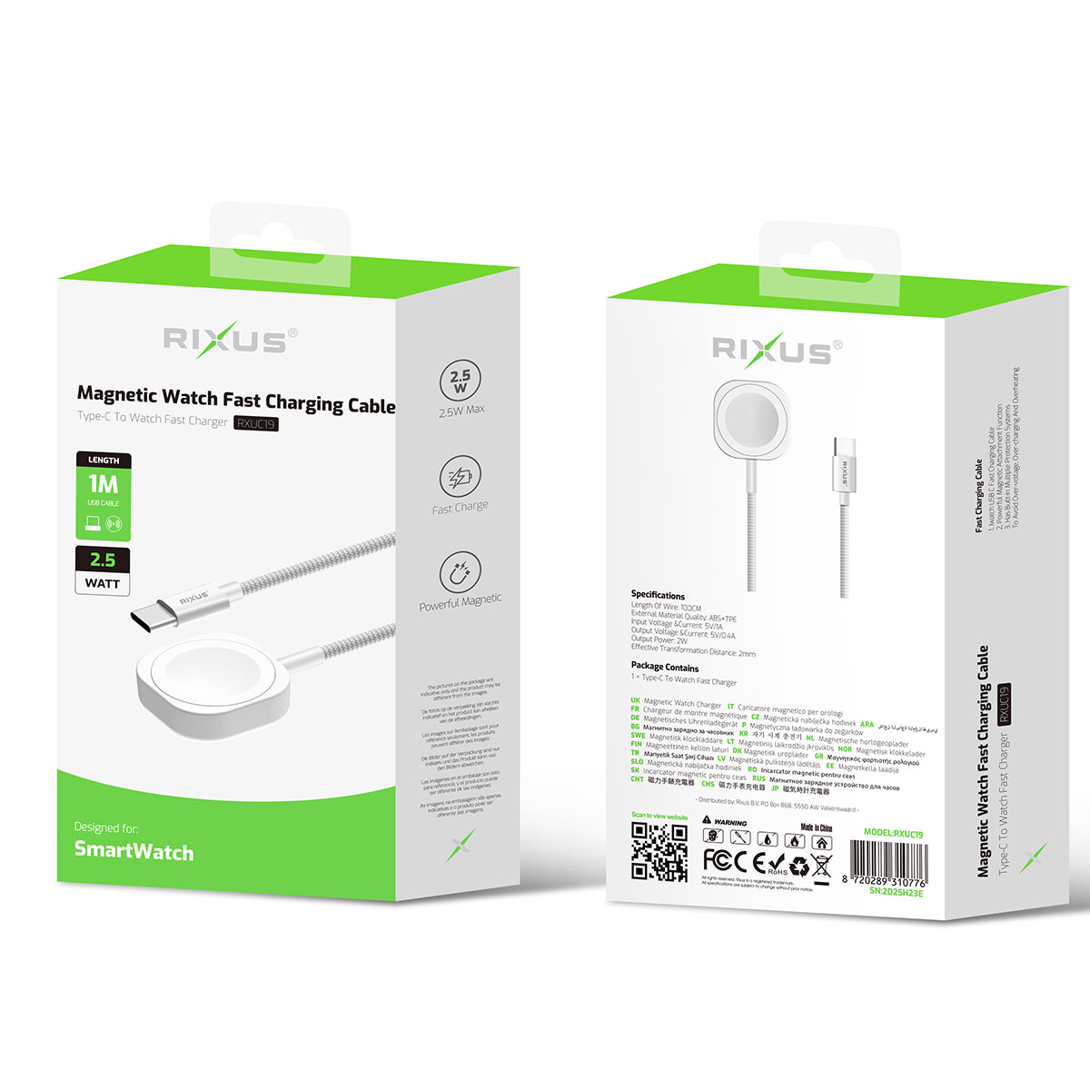 Rixus RXUC19 Magnetic Watch Fast Charging Cable 1m White