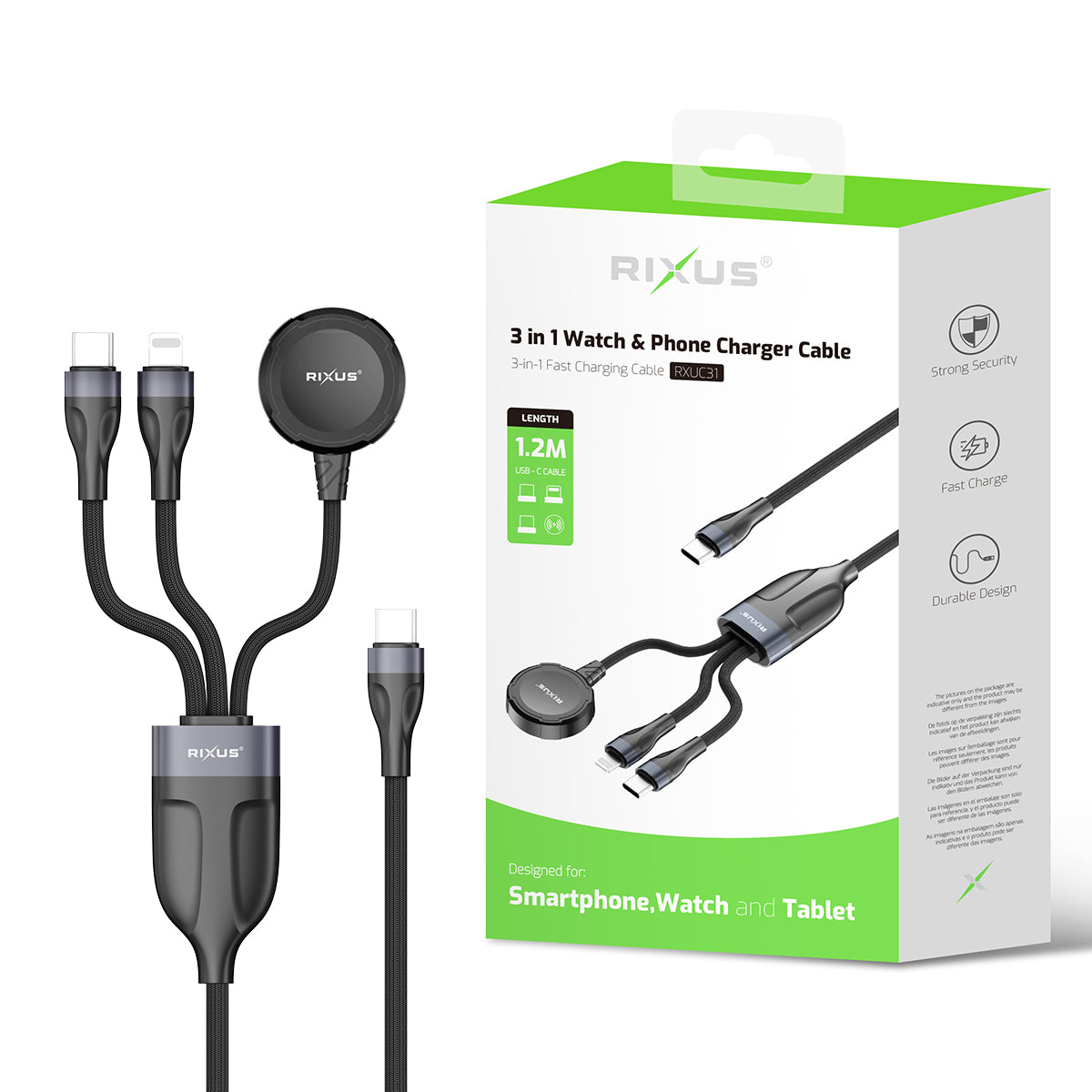 Rixus RXUC31 3 in 1 Watch And Phone Charger Cable 1.2m Black