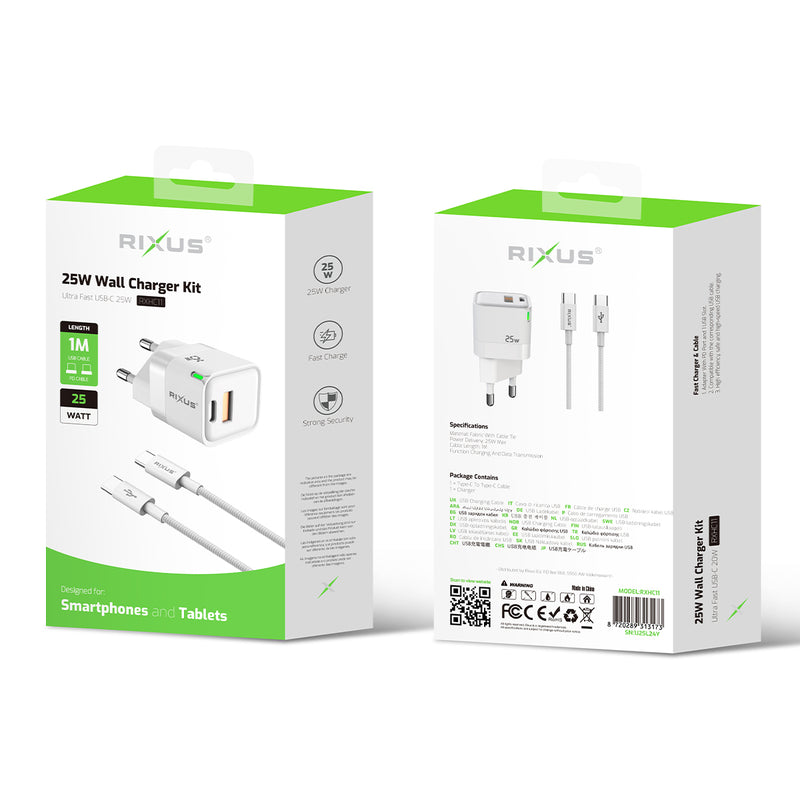 Rixus RXHC11 25W Wall Charger Kit With USB C to USB C Cable