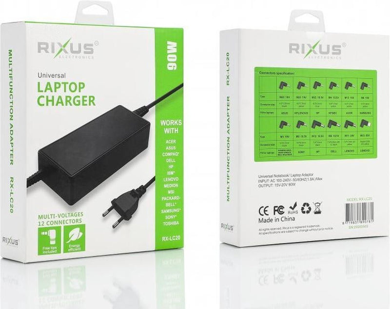 Rixus RXLC20 Universal Laptop Charger 90W 12 Connectors Black