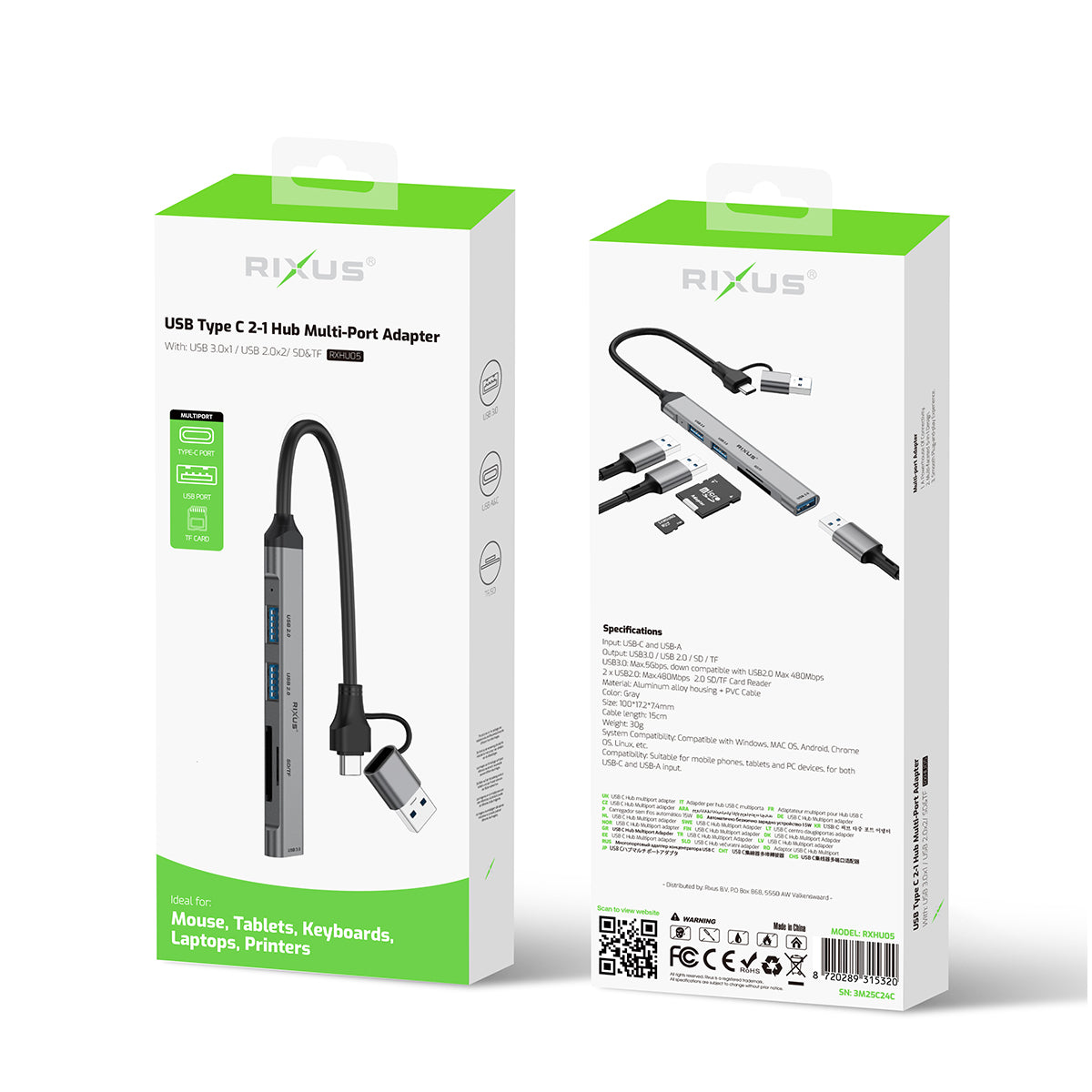 Rixus RXHU05 USB-C 2 in 1 Hub Multiport Adapter