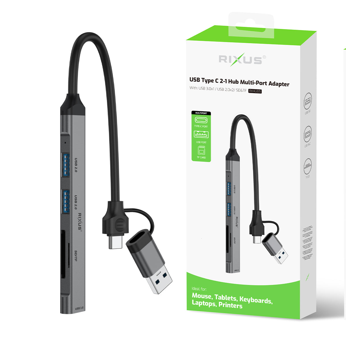 Rixus RXHU05 USB-C 2 in 1 Hub Multiport Adapter