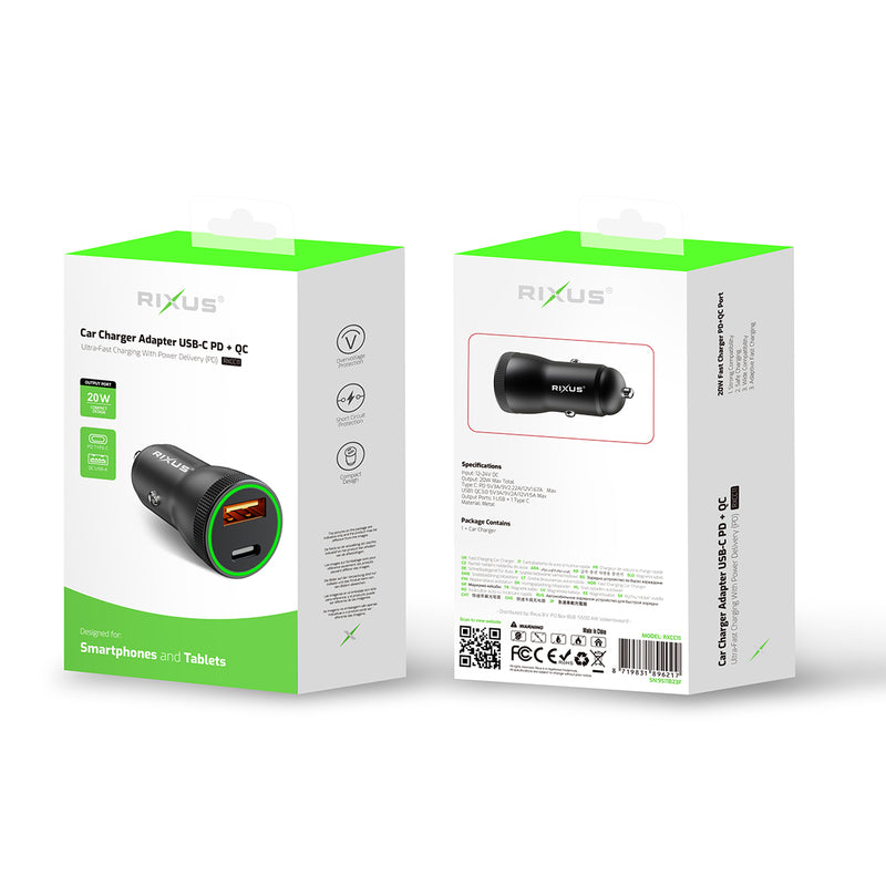 Rixus RXCC11 USB-C PD+QC Car Charger 20W Black