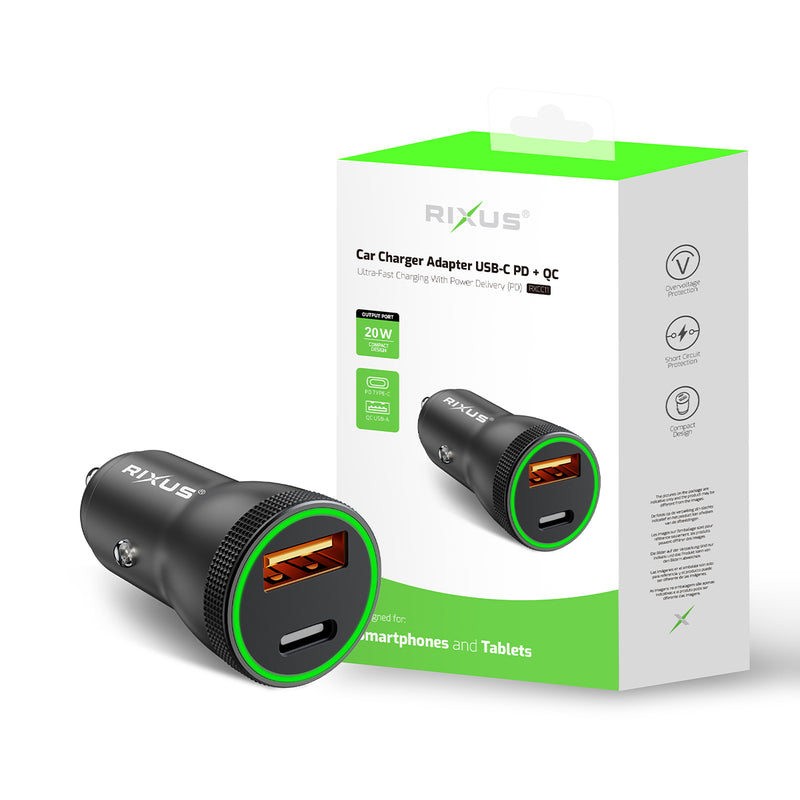 Rixus RXCC11 USB-C PD+QC Car Charger 20W Black