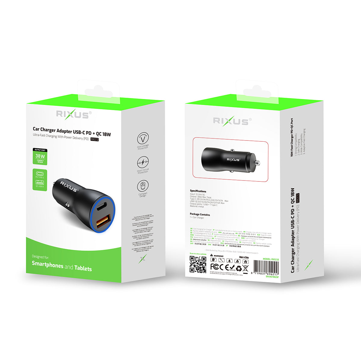 Rixus RXCC12 USB-C PD+QC3.0 Car Charger 38W Black